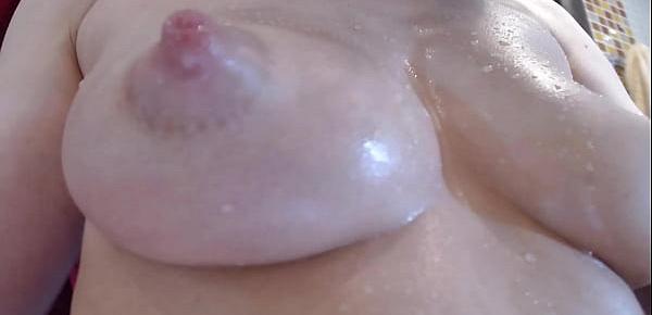  Big milky oily boobs and hairy pussy close up from hot mom